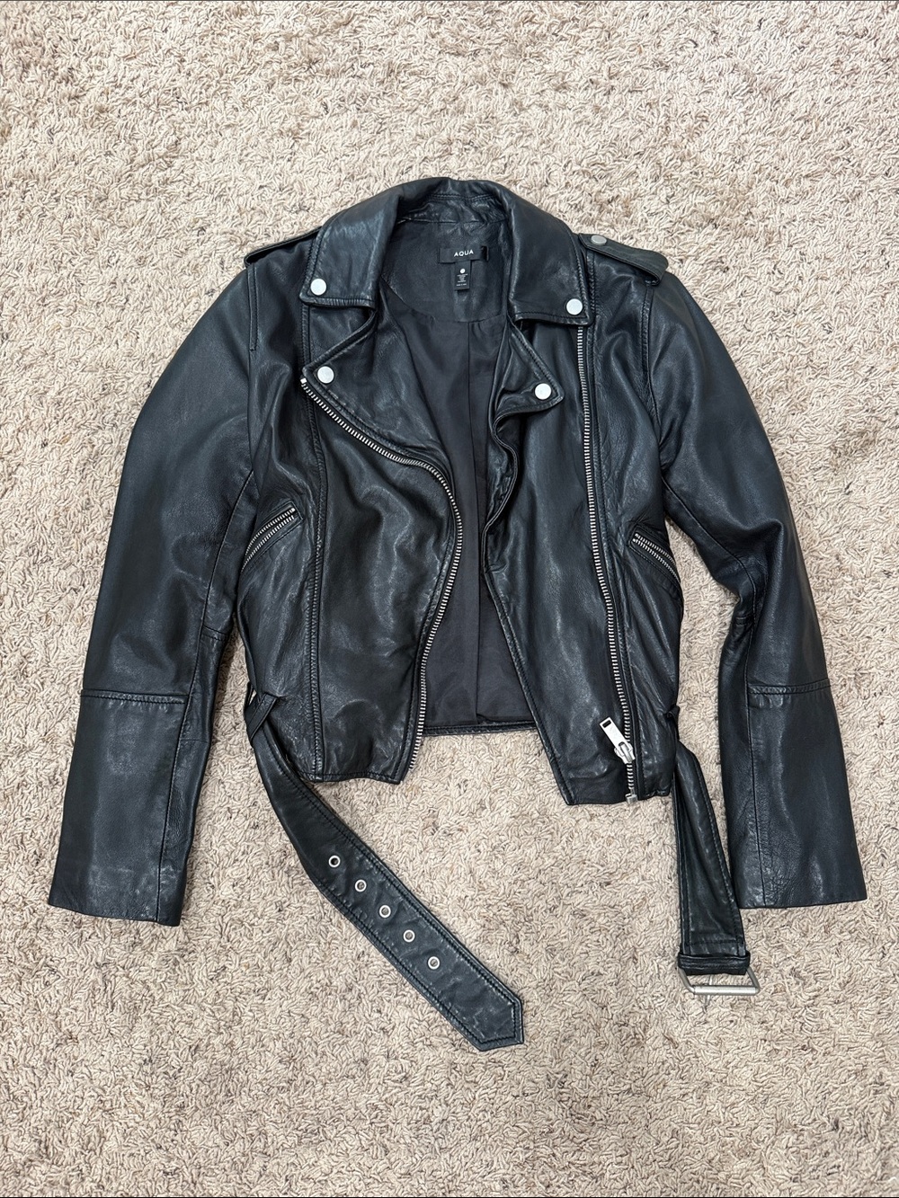 Aqua Black Leather Biker Jacket with Belt